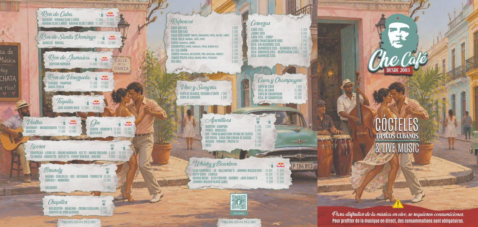 Extérieur de la carte : rhums, alcools, softs, bières, vins et apéritifs, et couverture « Cócteles típicos cubanos & live music »