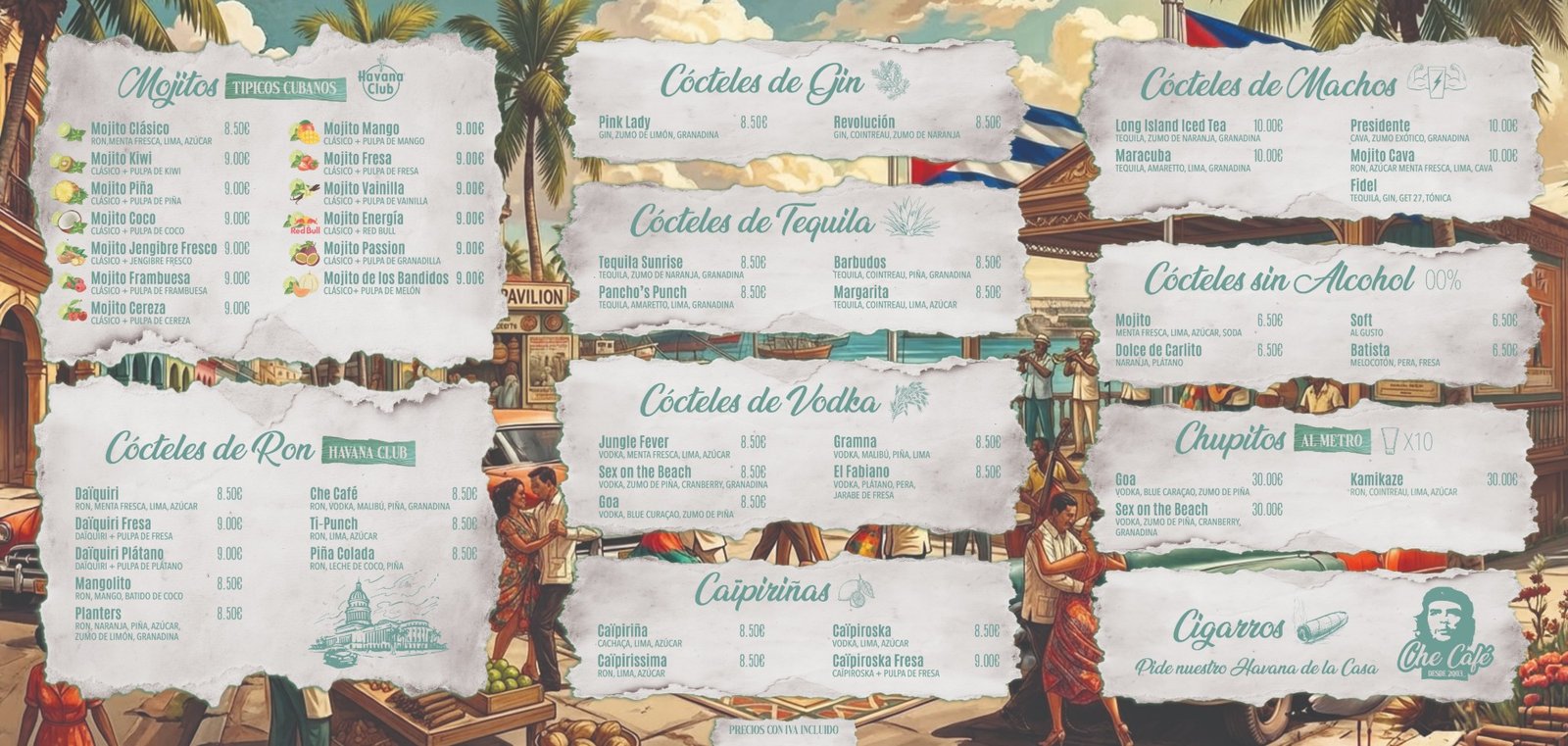 Intérieur de la carte du Che Café : mojitos, cocktails au rhum, au gin, à la tequila et à la vodka, caïpirinhas, cocktails sans alcool et chupitos