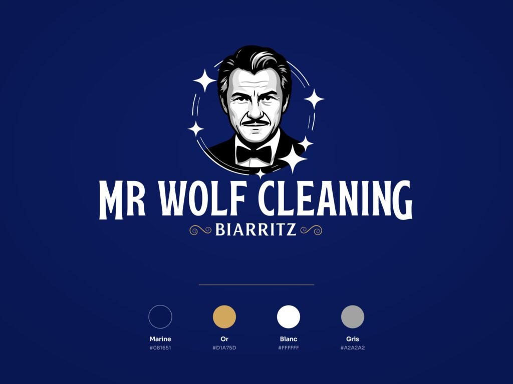 Logo Mr Wolf Cleaning Biarritz sur fond marine, avec sa palette : marine, or, blanc et gris