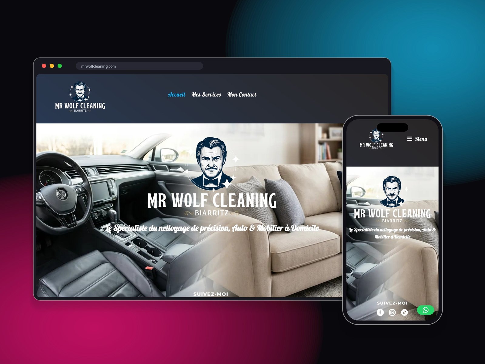 Mr Wolf Cleaning – site vitrine réalisé par Visua, sur ordinateur et mobile
