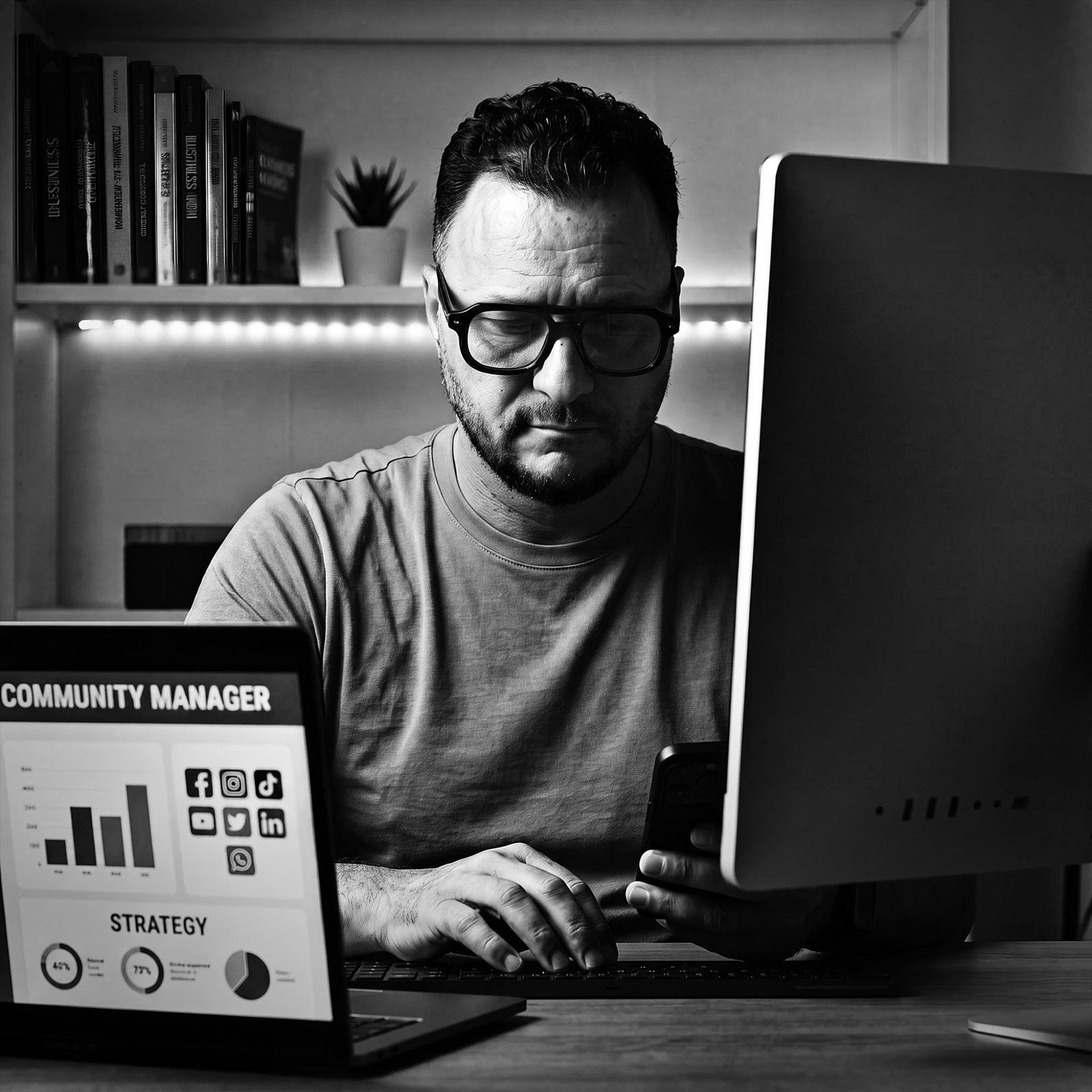 Le graphiste de Visua à son bureau, entre ordinateur, téléphone et tableau de bord des réseaux sociaux