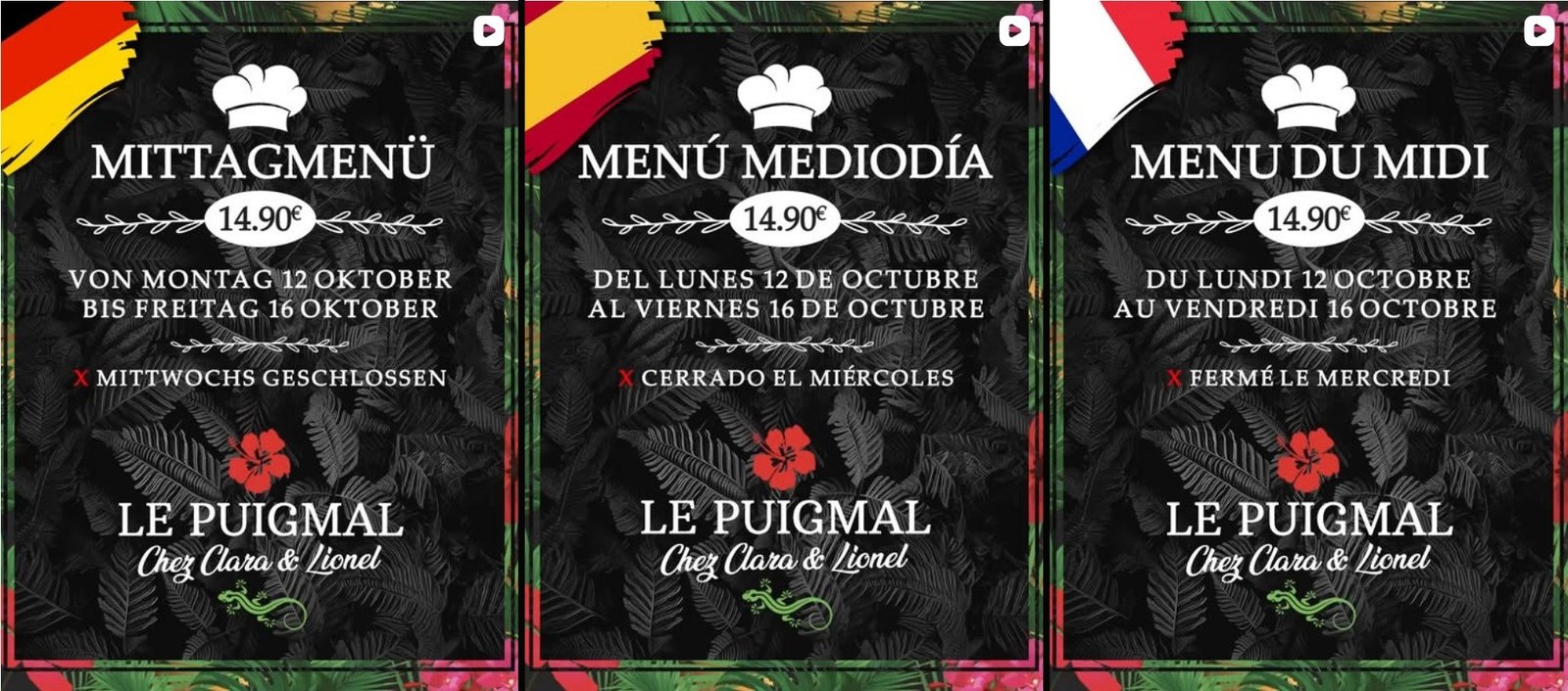 Menus du midi en allemand, espagnol et français
